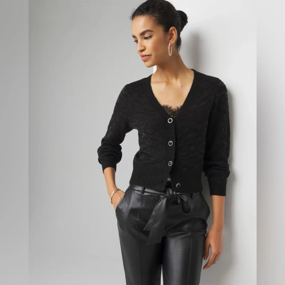 White House Black Market Metallic Jacquard Cardigan Sweater in Black Size Medium - Picture 3 of 10
